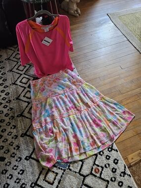 Gretchen Scott Designs Pink Goddess Tee & Impanema Long Skirt - Birds & Bees XXL